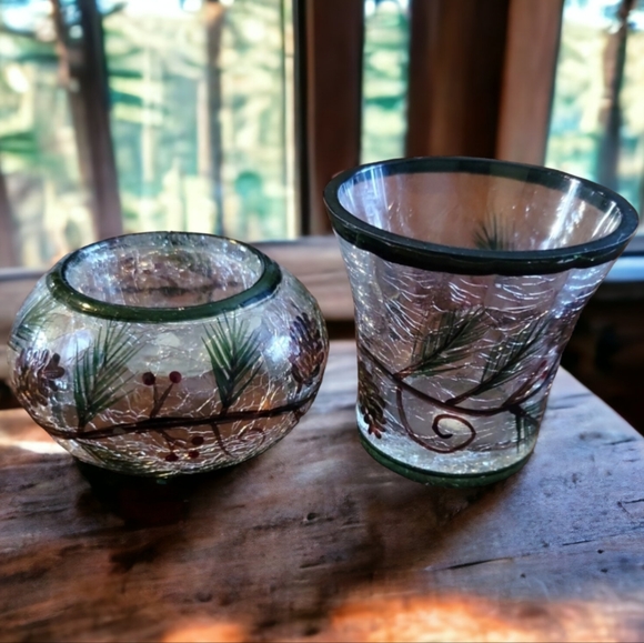 Yankee Candle Accents 2 Vtg Yankee Votive Candle Holders Crackle Glass Pine Pinecones Poshmark